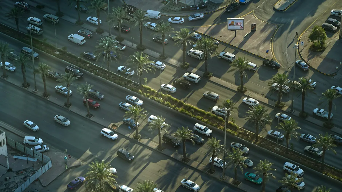 منظر جوي لسيارات في شارع تحيط به أشجار النخيل
