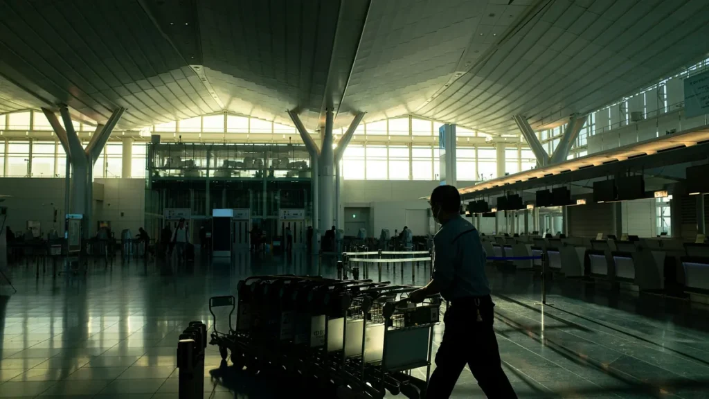 Traveller pushing a luggage trolley through a Saudi airport terminal, representing a family visit visa